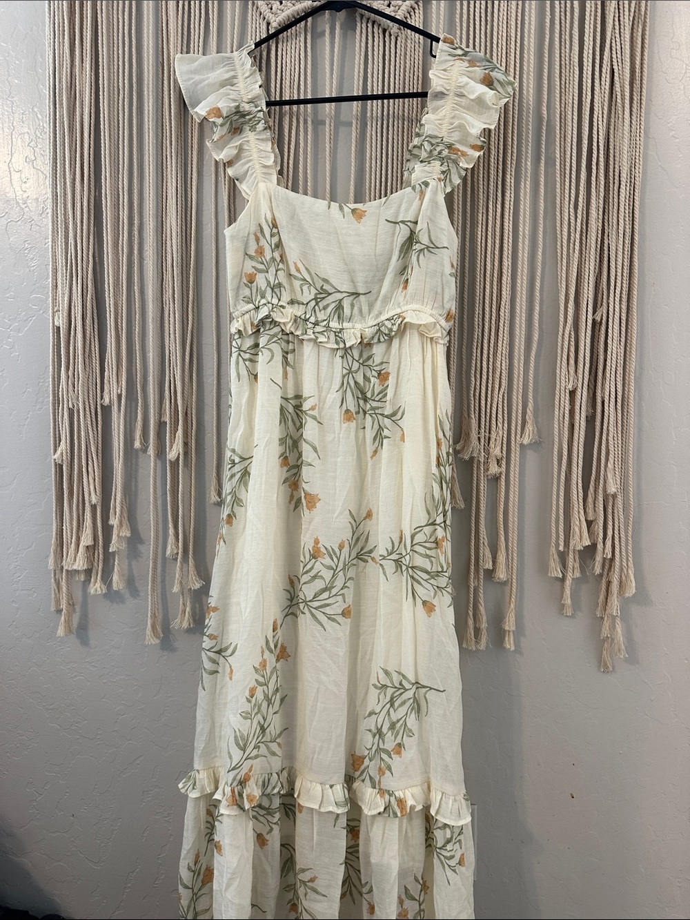 Cream Floral Ruffle Maxi Dress